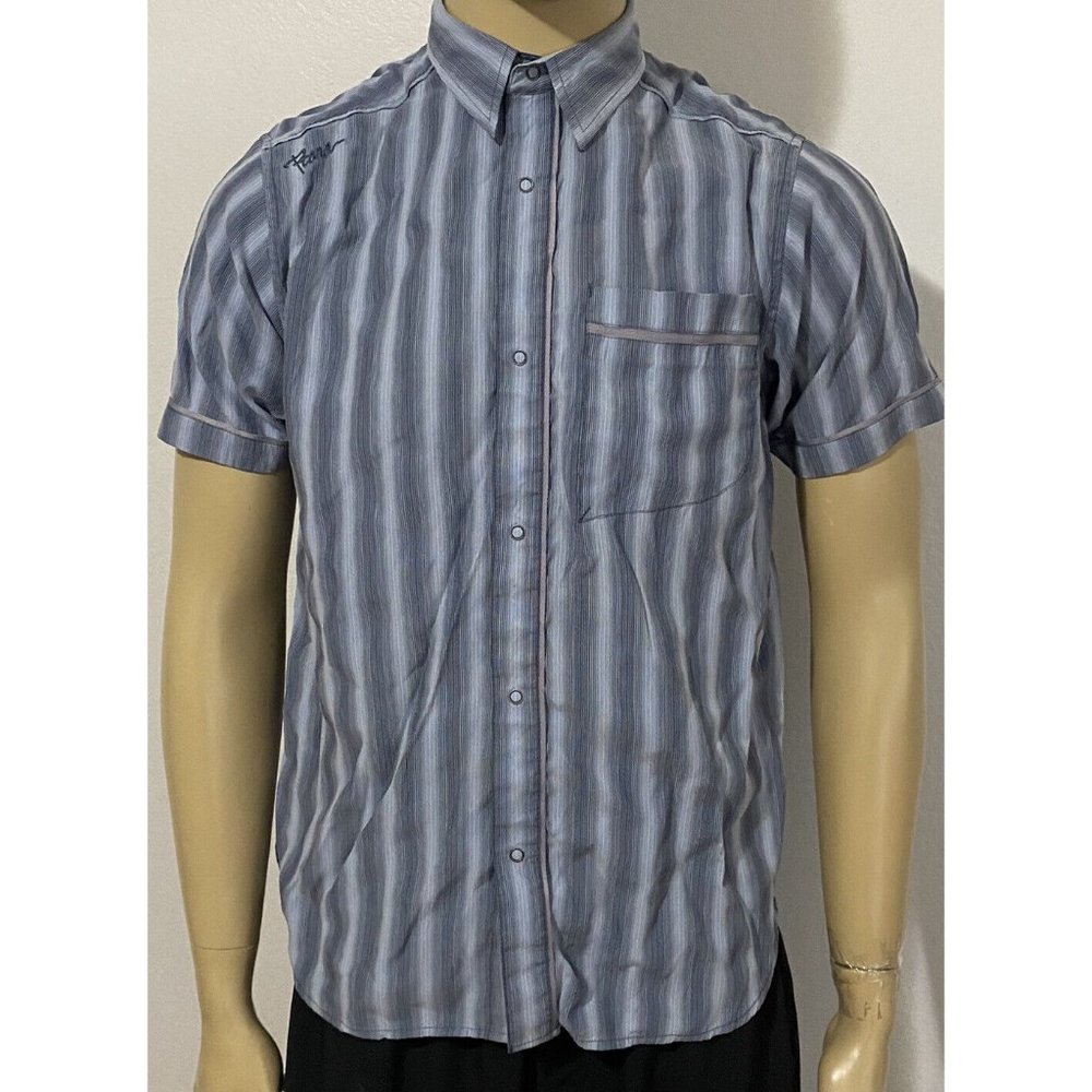 Prana Medium Men's Short Sleeve Button Front Shirt Stone Blue Gray Striped